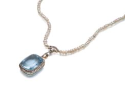 AQUAMARINE PENDANT WITH LONG PEARL NECKLACE