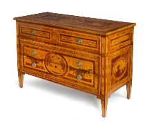 A NORTH ITALIAN BRASS-MOUNTED KINGWOOD; MAPLE AND FRUITWOOD MARQUETRY COMMODE