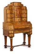 A GERMAN BRASS MOUNTED WALNUT AND BURRWALNUT MARQUETRY WRITING BUREAU WITH HINGED SLOPE