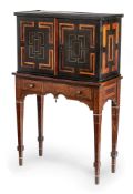 A DUTCH BRASS MOUNTED EBONY, KINGWOOD AND BONE PARQUETRY CABINET ON STAND