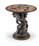 AN ITALIAN WALNUT PEDESTAL WITH PIETRA DURA AND MICROMOSAIC TOP