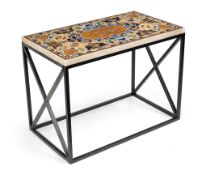 AN ITALIAN PIETRA DURA MARBLE AND HARDSTONE TOP ON AN EBONIZED IRON STAND
