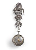 A FINE BAROQUE SILVER POCKET WATCH WITH CHATELAINE