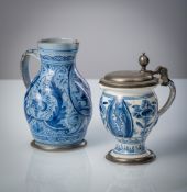 TWO GERMAN BLUE PAINTED PEWTER MOUNTD FAIENCE JARS