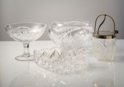Three glass bowls and biscuit tin with metal mounting