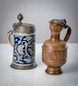 RAEREN STONEWARE JAR WITH GERMAN ELECTORS AND A WESTERWALD BLUE AND GRAY STONEWARE JAR