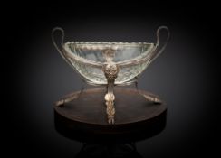 A GERMAN SILVER FILIGREE WORK SALT CELLAR WITH CUT GLASS LINER