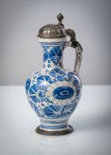 A HANAU PEWTER MOUNTED BLUE AND WHITE PAINTED FAIENCE JAR