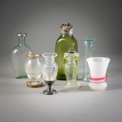 A MIXED LOT OF SEVEN BOTTLES AND GLASSES