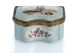 AN ENLISH BRASS MOUNTED ENAMEL SNUFF BOX