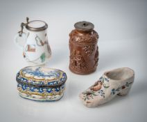 A SMALL GLASS JUG, A FAIENCE SHOE, A SNUFF BOX AND A CERAMIC BOTTLE