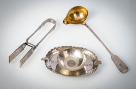 A SOUP LADLE; ASPARAGUS TONGS, ASHTRAY AND SMALL DISH