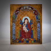 A MEDIEVAL STYLE ENAMEL PLAQUE WITH VIRGIN AND CHILD