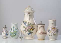SIX FAIENCE JARS AND A COFFEE POT