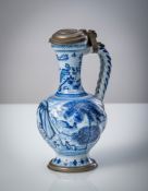 A BLUE AND WHITE PAINTED PEWTER MOUNTED FAIENCE JAR DEPICTING JAEL AND SISARA