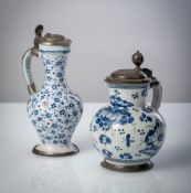 TWO GERMAN PEWTER MOUNTED BLUE AND WHITE FAIENCE JARS