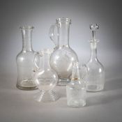 FIVE GLASS BOTTLES/CARAFES