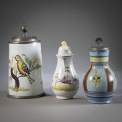 A TANKARD; A FAIENCE JAR AND A SMALL COFFEE POT