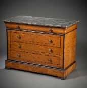 A BRASS MOUNTED PARTIALLY EBONIZED AMBOYNA AND MAHOGANY MODEL COMMODE
