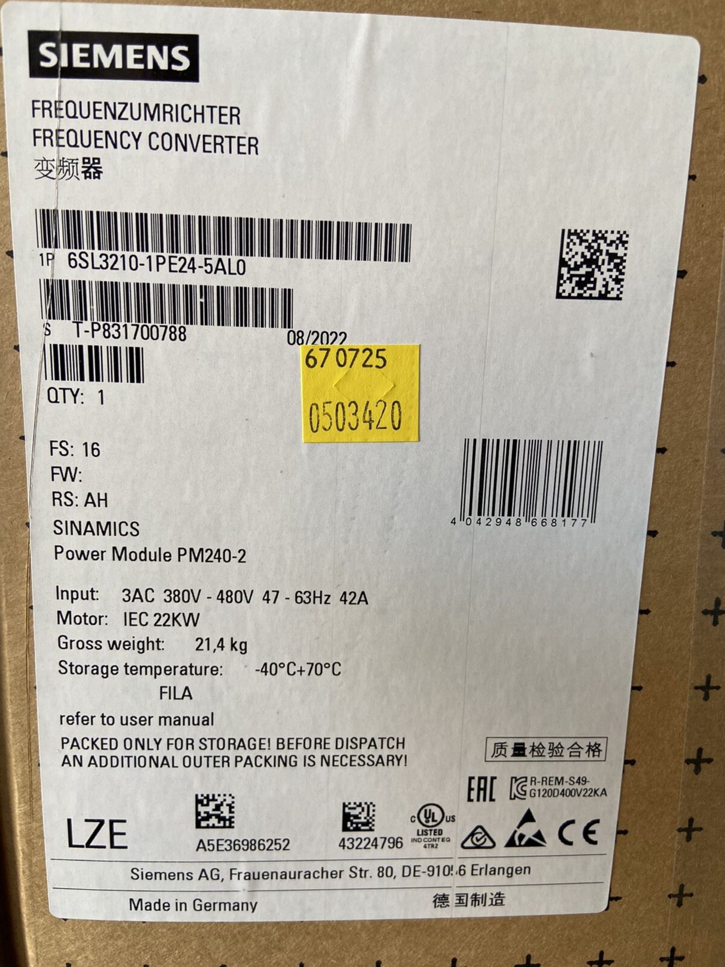 Siemens 6SL3210-1PE24-5ALO Inverter Drive, New, Unused, 22kW - Image 2 of 4
