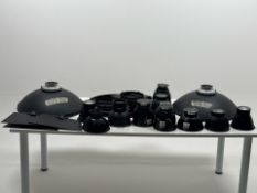 Box Of Various Bowens Mount Light Modifiers Including Beauty Dishes, Snoots, And Various Reflectors