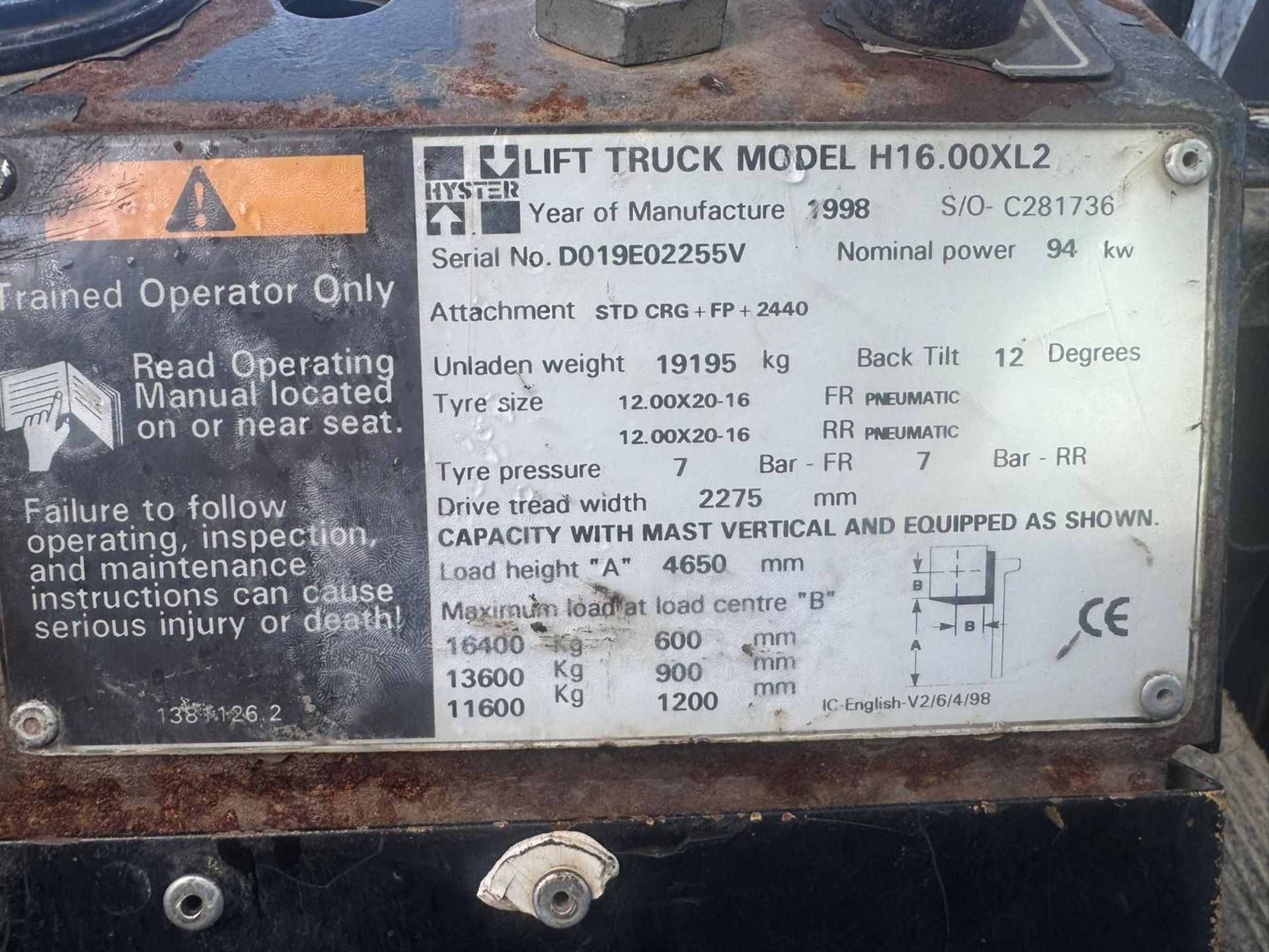 1998 Hyster 16 Tonne Diesel Forklift Truck, 4650mm Lift, Fork Positioner, ONLY 2962 Hours - Image 7 of 7