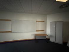 White Board, Desk & Bisley Tambour Cabinet