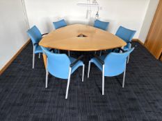 Office Shield Shaped Table With 6 Blue chairs