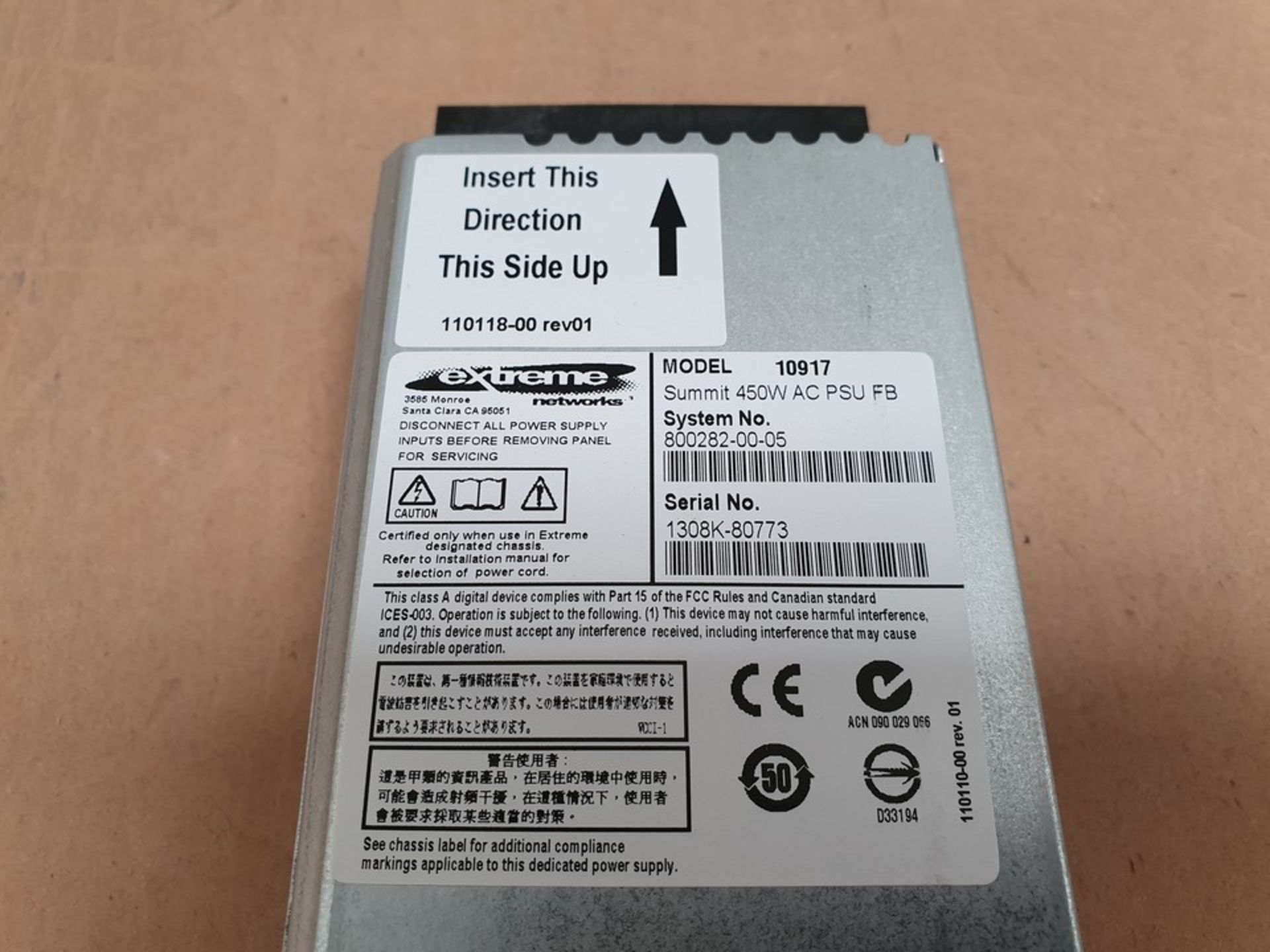 Extreme Networks X480 450W F2B Front-to-back Airflow AC Power Supply PSU 10917 Ref - Image 2 of 2