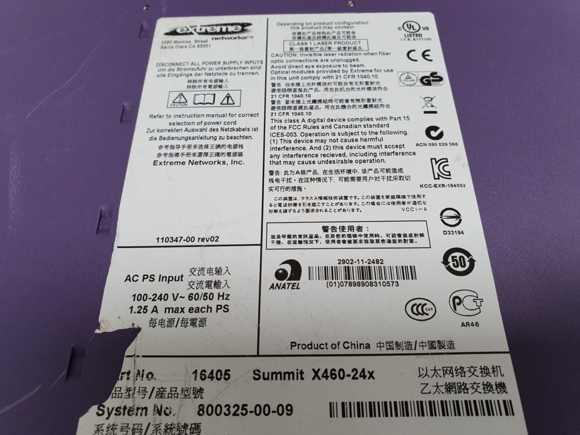 Extreme Networks X460-24X 24 Port 1G SFP Ethernet Switch Layer 3 16405 (2x PSU, Edge License) Ref - Image 3 of 3