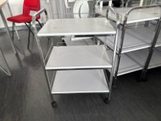 Three Tier Metal Wheeled Trolley With White Wooden Shelves, No Reserve