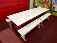 White Wooden Table With Wooden Bench Seats, No Reserve