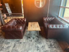 Set Of 2 Seater Brown Leather Sofas And Table