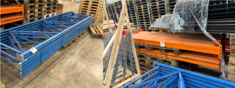 Pallet Racking – Blue Upright Frames & Galvanised Metal Frames (24 + 12 Pieces)