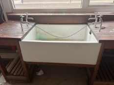 Large Belfast Sink on Hardwood Timber Bench with Chrome Pillar Taps, No Reserve