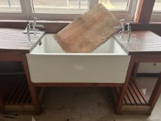 Large Belfast Sink on Hardwood Timber Bench with Chrome Pillar Taps, No Reserve