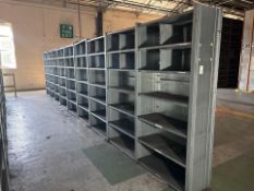 9 Bays Of Metal Shelving Made of 10 Frames and 63 Shelves