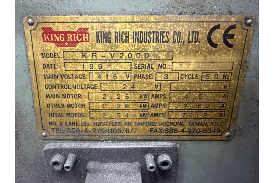 1998 King Rich Industries, RESERVE REDUCED KR-V2000 Vertical Turret Milling Machine - Image 2 of 2