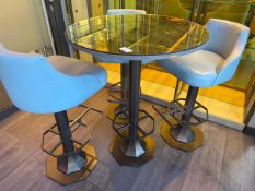 Poseur Table and 3 Blue Upholstered Chairs, No Reserve