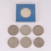 7-teilige Sammlung 10 und 20 Mark (DDR) der 1970er Jahre, verschiedene Jahrgänge und Motive, u.a. 1