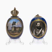 Zwei Ostereier mit Ansicht Reiterstandbild Großer Kurfürst und Portrait Friedrich III. - KPM Berlin 