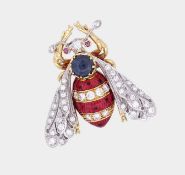 Brosche in Form eines Insekts, Gold 750/- ,mit Emaille, Saphir, Rubine und Brillanten
