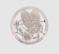 Runde Silber Brosche mit Schmetterling Motiv, Ø 4,7 cm, Silber 800/-, Gewicht 15 Gramm