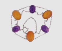 Armband mit Bernstein und Amethyst Cabochons, Silberfassung 800/- gest., Gewicht 14,6 Gramm