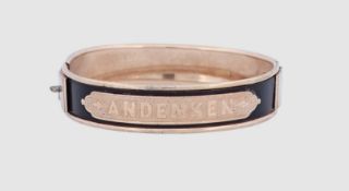 Antike Armspange mit schwarzer Emaille " Andenken ", 6,0 x 5,0 cm, goldfarben