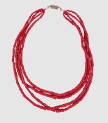 4- reihiges Korallen Collier, Korallen in Rondellen, Silberschließe 925/- gest., ca. Länge 42,0 cm,