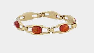 Armband mit 6 Bernstein Cabochons, vergoldet, bez. Americ , Länge 18,5 cm