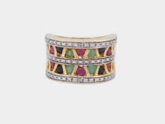 Multicolor Ring mit Smaragde, Rubine und Saphire, Sterlingsilber 925/- gest., Ringgröße 62, Gewicht