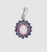 Ketten Anhänger mit einem Opal , Rubine und Saphire, Sterlingsilber 925/- gest., Länge 3,2 cm, Gewi