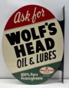 Ask For Wolf's Head Oils & Lubes Flange Sign Dated 1949